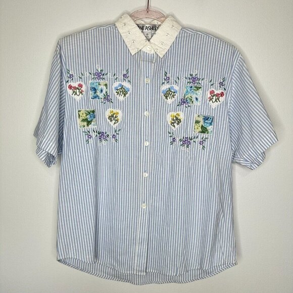 Jane Ashley Floral Button Up 1980s Vintage Striped Coastal Grandma Size M - Picture 1 of 11